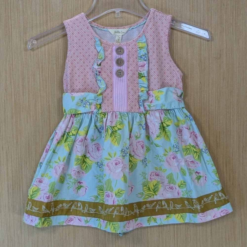 Matilda Jane Girls Pink Blue Floral Ruffle Bird Trim Sleeveless Dress Size 8